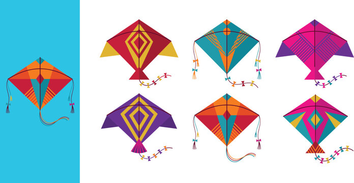 Colorful Makar Sankranti kite vector icon set with geometric patterns for Indian festival celebration designs