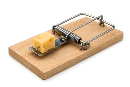 Classic Wooden Mousetrap with Cheese Bait on White