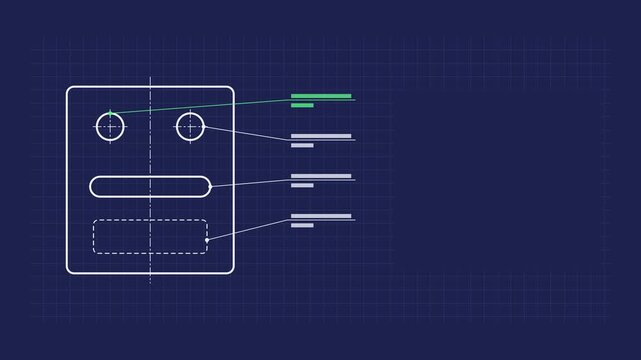 Seamless 4K looping technical drawing animation: note leaders drawing horizontal shelves. Clean vector line work that builds itself on a dark background in blue and azure, with construction grid, cent