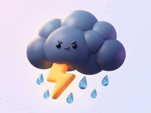 Cute 3D cloudy cloud with angry expression, yellow lightning and raindrops, claymorphism style for bad weather concept.