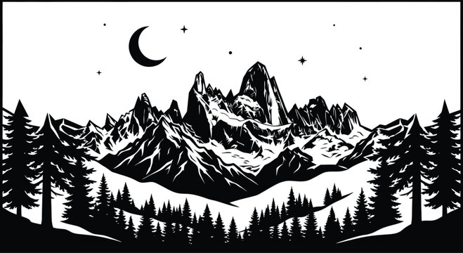 Dramatic mountain landscape featuring a crescent moon and a dense forest woodcut