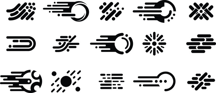 Assortment of abstract speed and motion graphic design elements in isolated form