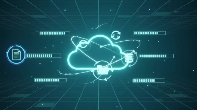 Cloud storage icon syncing digital documents within a neon cyber network environment with cinematic hud lighting for cloud service advertising