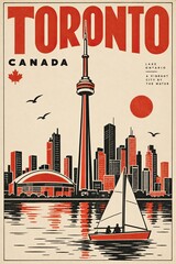 Fototapeta premium Vintage travel poster featuring Toronto’s skyline, the CN Tower, and a sailboat on Lake Ontario beneath a red sun.