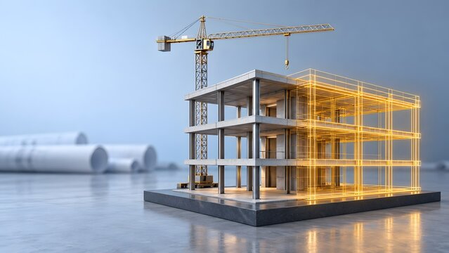 Conceptual construction site model blending physical concrete structures with glowing digital wireframes and a yellow tower crane.