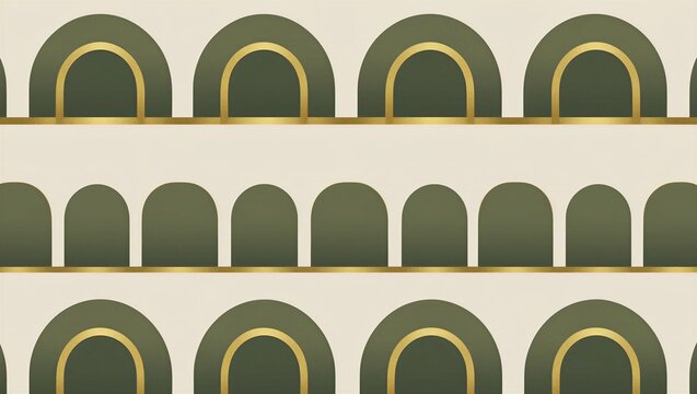 Rows of olive green arches with gold outlines on cream background, art deco arch pattern