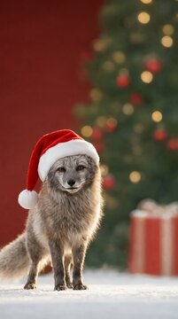 Cute Arctic Fox Wearing Red Santa Hat Standing in Snow on Blurred Festive Christmas Tree Background