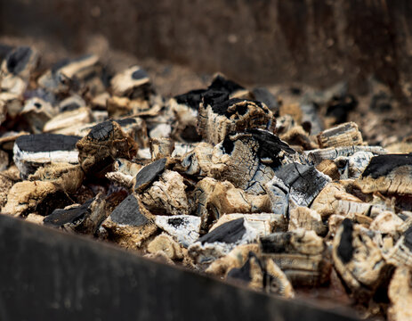 Charred wood pieces lie scattered in a grill