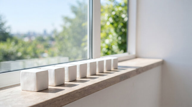 Minimalist white cubes sitting on a wooden ledge by a bright window