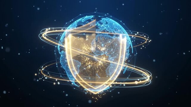 Rotating Digital Globe of Network Nodes Transforming into a Golden Shield of Light in Dark Space