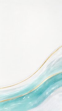 Minimalist Abstract Summer Background with Flowing Aqua and Gold Wave Curves on a White Surface.