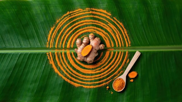 Fresh turmeric root and powder arranged in concentric circles on a green banana leaf with a wooden spoon. Ideal for wellness, healthy eating, and organic spice advertisements.