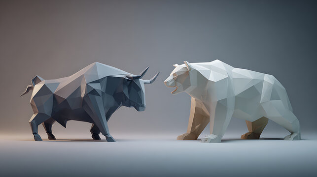 Bull and bear portrayed as rotating symbols of investor optimism and pessimism that define the cyclical nature of market psychology, pared-back financial environment developed for educational publishi