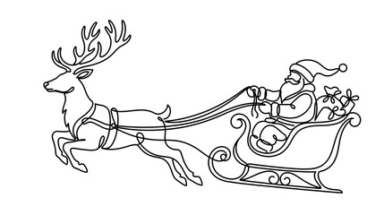 Continuous line drawing of Santa Claus in a sleigh pulled by a reindeer © lelek