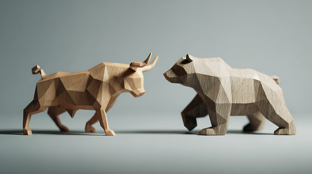 Bull and bear portrayed as rotating symbols of investor optimism and pessimism that define the cyclical nature of market psychology, pared-back financial environment developed for educational publishi