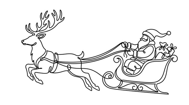 Continuous line drawing of Santa Claus in a sleigh pulled by a reindeer