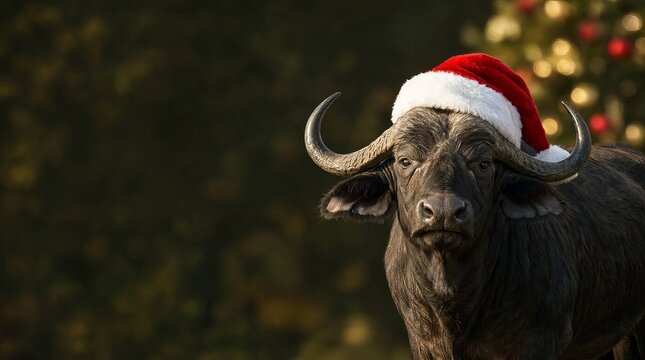 A Majestic African Buffalo Wearing A Santa Hat Against A Soft And Festive Bokeh Holiday Background.