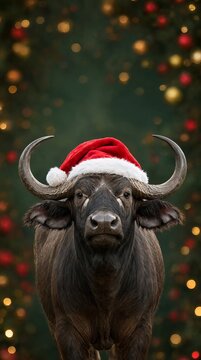 Stately African Buffalo Portrait Worn a Santa Hat Against Festive Red and White Bokeh Background. .