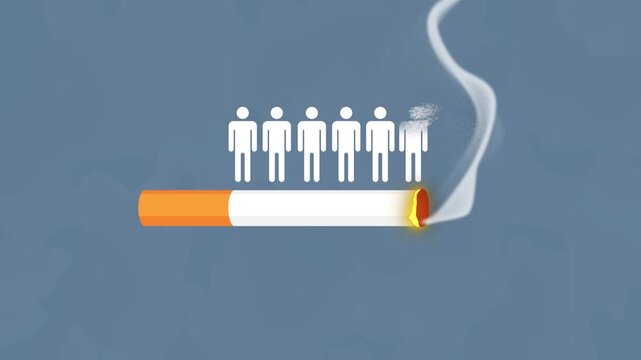 Burning cigarette animation with icons representing human lives lost