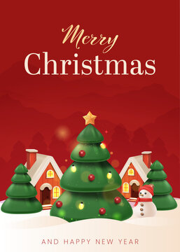 Decorated Christmas Tree with Snowy Holiday Village and Snowman on Red Background, Festive Christmas Greeting Card, Editable Vector Illustration
