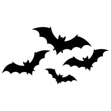 PNG. bat flying on a white background. A black silhouette vector illustration of four bats in flight against a solid white background.