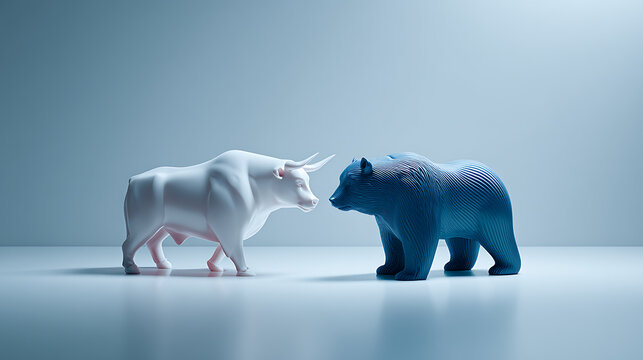 Bull and bear presented as paired visual symbols in a highly ordered financial layout emphasizing contrast and quick recognition, clean corporate environment suitable for slide presentations and finte