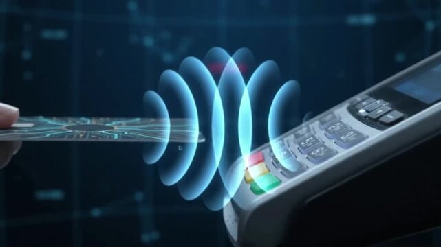 Nfc credit card tapping terminal with glowing signal waves and successful transaction screen for fintech banking marketing