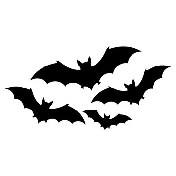 PNG. bat flying on a white background. A black silhouette vector illustration of four bats in flight against a solid white background.