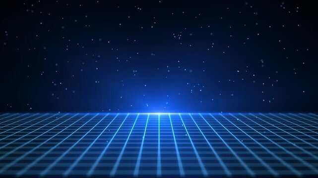 Futuristic blue digital grid extending toward a glowing horizon beneath a dark starry sky, with luminous geometric lines creating a retro sci-fi 