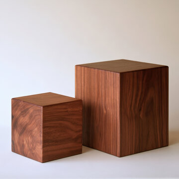 Two walnut wood cube blocks of different sizes on neutral background minimalist wooden decor objects