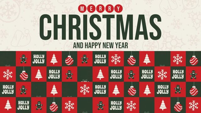 4K retro Christmas loop: cream header with Merry Christmas typography over line-art doodles, above a red and dark green grid pattern of festive icons and Holly Jolly text. Ideal for holiday promos.