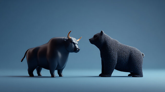 Bull and bear presented as symbolic markers of recurring stock market phases where periods of confidence and hesitation continuously alternate, composed economic environment aligned with educational c