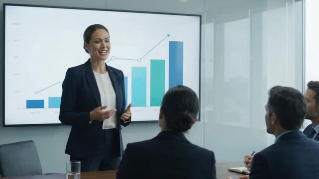 Businesswoman Presenting a Rising Bar Chart on a Big Screen to Her Team in a Glass Meeting Room