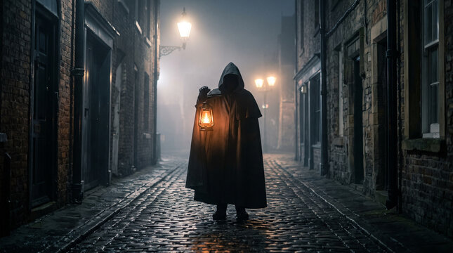 Figura misteriosa con capa oscura sosteniendo un farol encendido en un callej&oacute;n empedrado mojado con niebla durante la noche de Halloween.