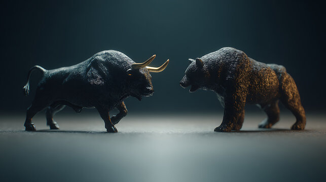 Bull and bear represented as active market symbols directly affecting an investor&rsquo;s posture, attention, and confidence during a pivotal financial moment, realistic investment setting designed for lear