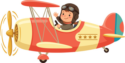 Cute cartoon boy pilot waving from a red vintage biplane vector illustration isolated on white background © Md Rohul
