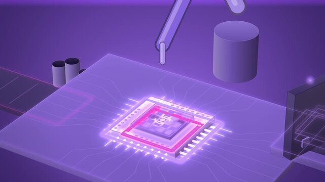 Purple robot arm placing an AI chip onto a circuit seamless loop