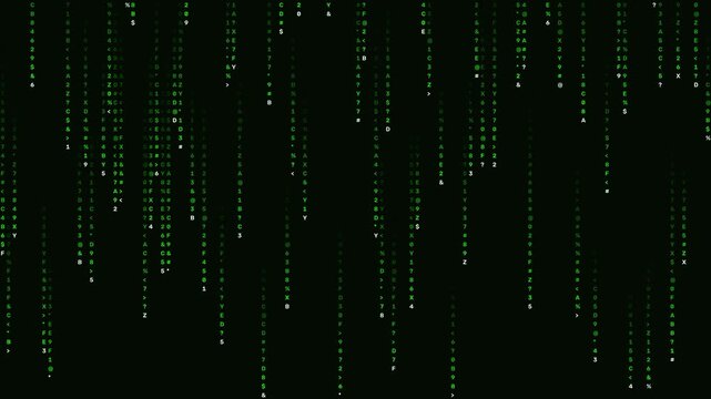Green Digital Code Rain Animation on Black Background, Futuristic Cybersecurity Technology Concept
