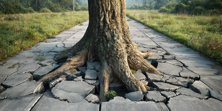Roots of Resilience A powerful tree, with its strong roots, breaks through cracked pavement, symbolizing nature's enduring strength and its ability to reclaim its space.