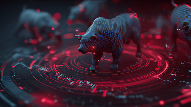 Bull and bear shown as symbolic centers of prediction, trend analysis, and data interpretation surrounded by evolving financial metrics and decision signals, strategic analytics environment developed 