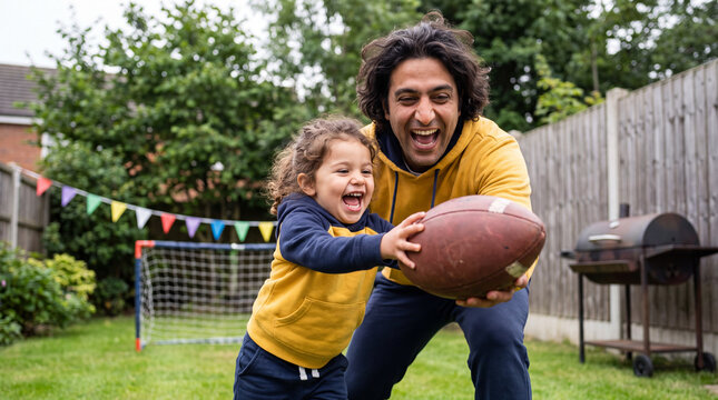 Father and toddler daughter playing catch with a football in a cozy backyard for family game day content.