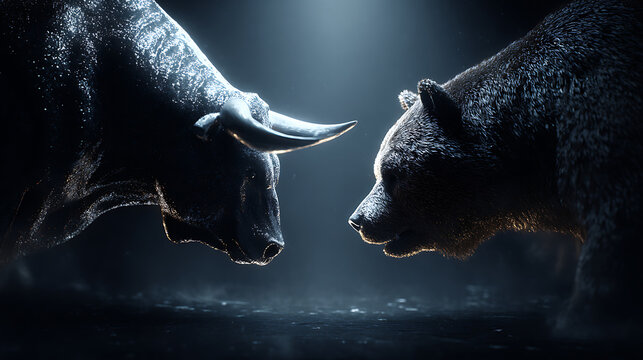 Bull and bear shown as symbolic opponents confronting one another in a high-pressure scene where market control hangs in balance, stylized investment arena environment intended for app branding and mo