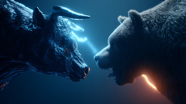 Bull and bear shown as symbolic opponents confronting one another in a high-pressure scene where market control hangs in balance, stylized investment arena environment intended for app branding and mo
