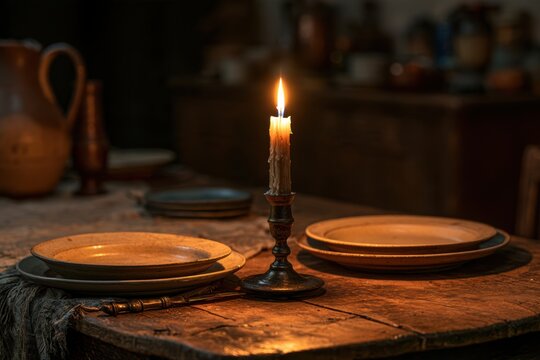 Candle flame, burning between rustic plates and casting warm light across a worn wooden table