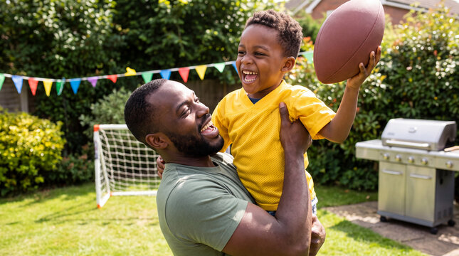 Father and son celebrating a touchdown with a raised football in a sunny backyard for game day ads.