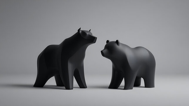 Bull and bear simplified into essential market identifiers with clear silhouette logic and strong commercial usability, modern editorial environment intended for financial slides and startup visual sy
