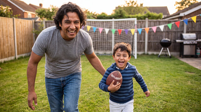 Toddler son running with a football alongside his father in a golden backyard for game day content.