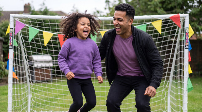 Father and daughter jumping in celebration of a backyard football goal for Big Game Party marketing.