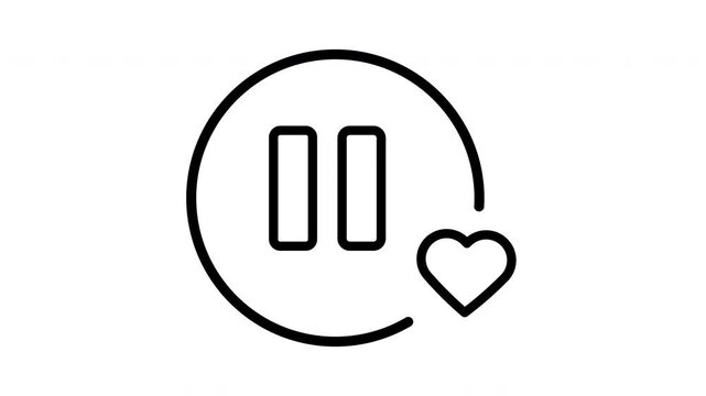 Animated circular pause button heart graphic symbol line art icon design element.