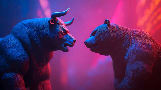 Bull and bear standing as iconic financial opponents within a tense scene of strategic confrontation and market pressure, advanced commercial finance environment suited to investment learning, social 